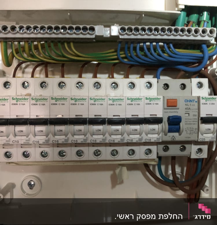 לוח חשמל עם מפסקים וחוטים צבעוניים